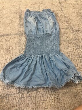 Smocked Light Blue Mini Dress with Frayed Hem